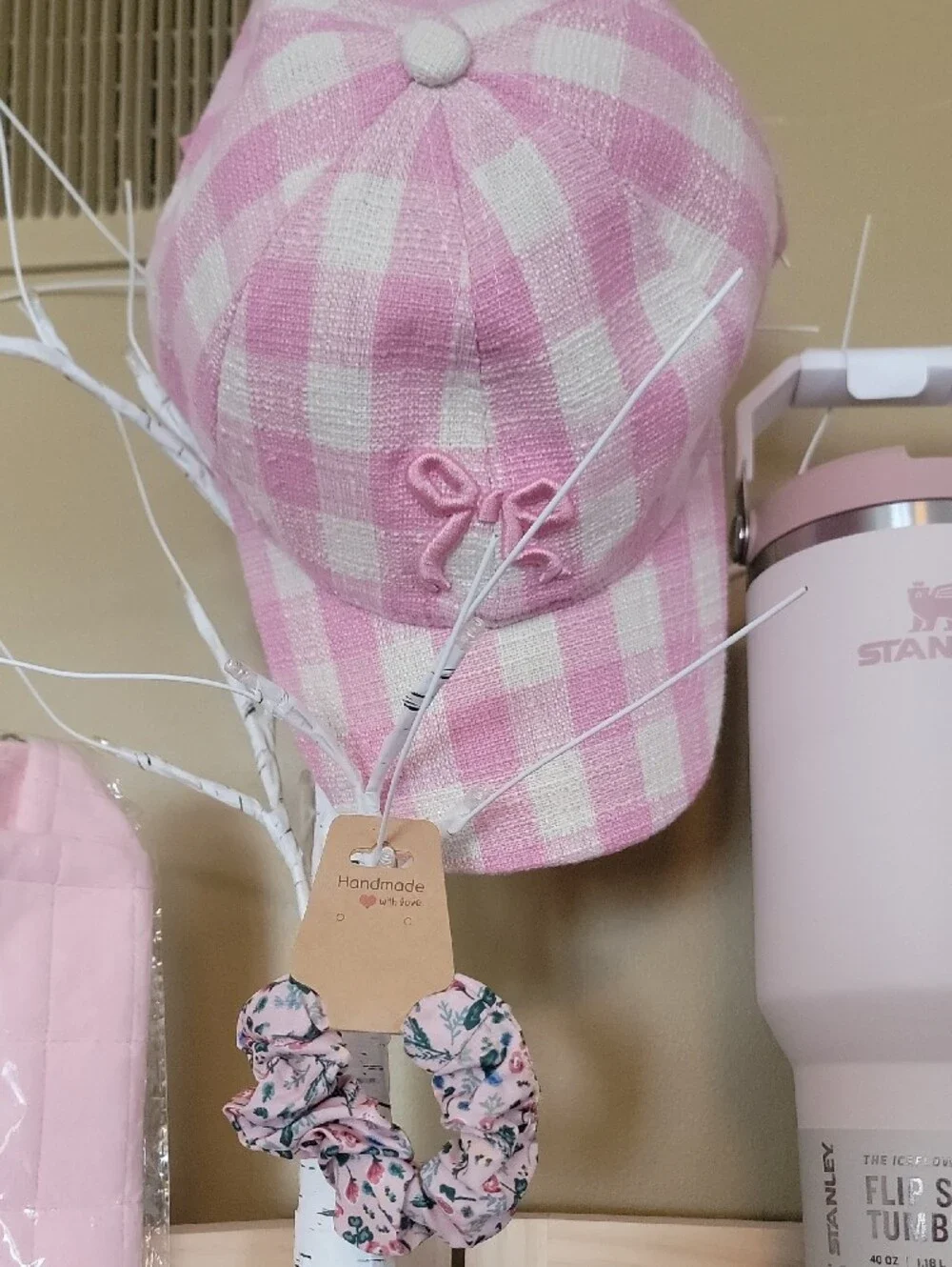 GIFT TOTE Pink and Green Striped Tote with Pale Pink Stanley Tumbler Flamingo